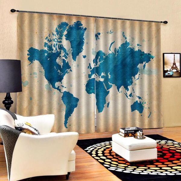 

blue map curtains po blackout window drapes luxury 3d for living room bed office el home curtain &