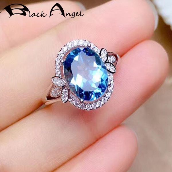 Cluster Rings BLACK ANGEL Luxo Oval Blue Topaz Gemstone 925 Sterling Silver Anel Ajustável Para Mulheres Casamento Jóias Da Moda Presente De Natal