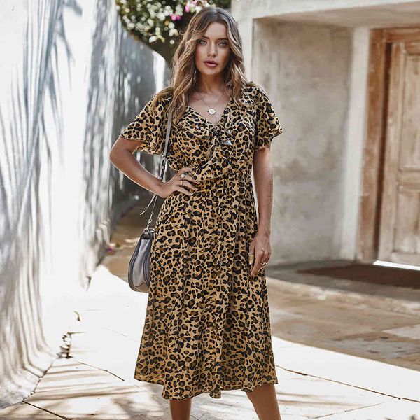 

spring summer ladies elegant mid-calf leopard print women 2021 new temperament a-line lotus leaf collar high waist dress, Black;gray