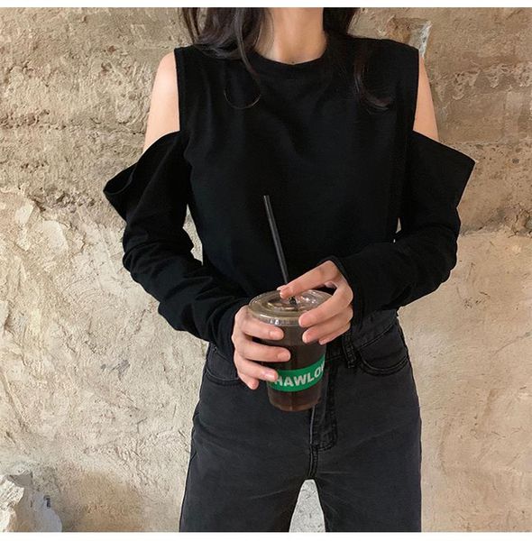 

women's t-shirt fall loose long-sleeved short sweater korean style y2k tide hedging chic off-shoulder hong kong streetwear, White