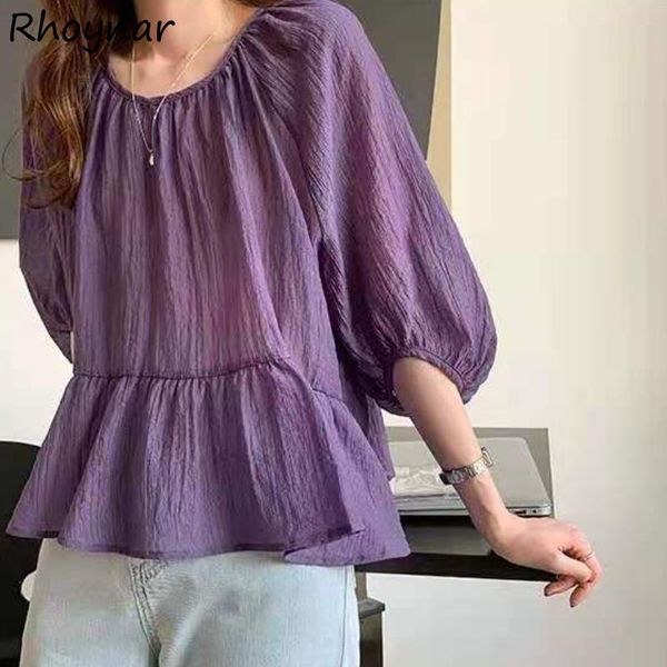 

women's blouses & shirts women blouse fashion casual baggy cozy summer puff sleeve oversize purple o-neck simple all-match pure female, White
