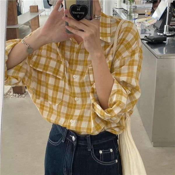 

alien kitty chic yellow streetwear loose plaid shirts pockets 2021 women brief all match stylish blusas mujer women's blouses &, White