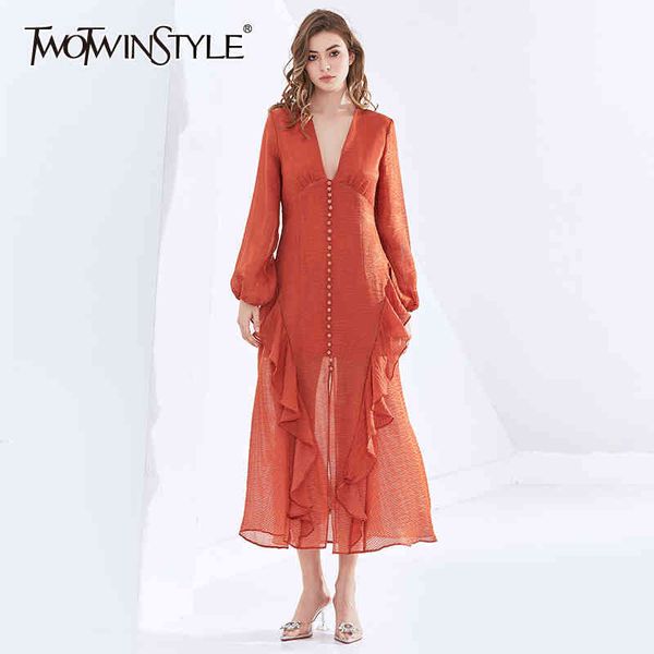 

twotwinstyle temperament patchwork ruffle women's dress v neck lantern sleeve high waist solid dresses female fashion 210517, Black;gray