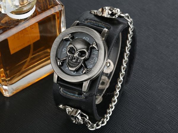 

wristwatches punk bracelet men women quartz military wristwatch skull style leather watch christmas gift relojes hombre reloj mujeres, Slivery;brown