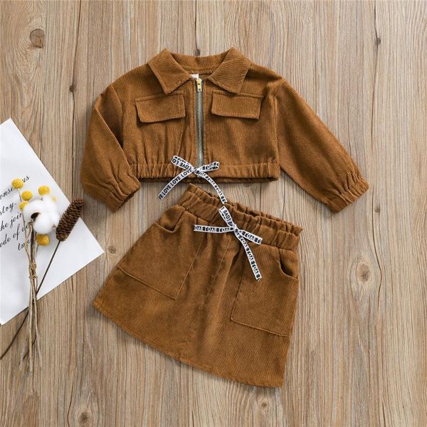 

clothing sets autumn winter kids girl warm corduroy set long sleeve zipper jacket coat bow elastic waist skirt khaki baby 2021, White