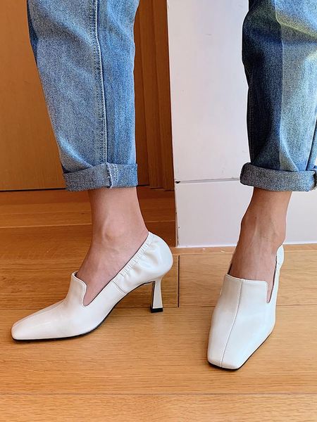 

dress shoes vintage square toe women shallow pumps white red leather high heels wedding woman black office work sapatos feminino