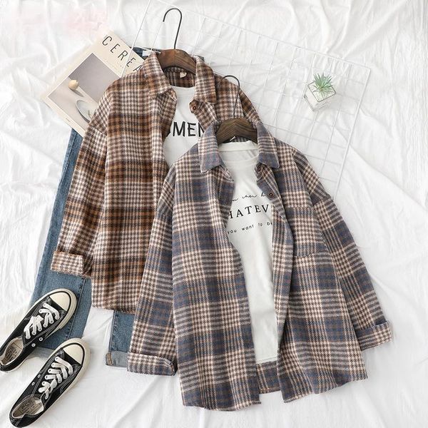 

women's jackets autumn plaid shirt retro loose casual long sleeve blouse women turn-down collar buttoned jacket shirts for, Black;brown