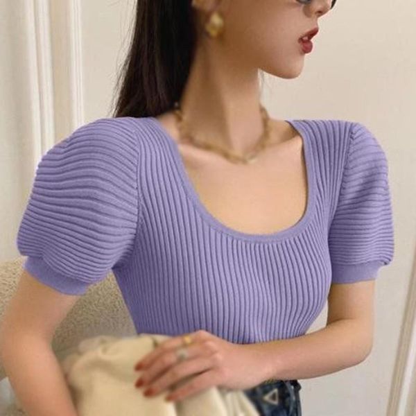 

women's t-shirt fashion square collar short sleeve knitted slim pullover, White