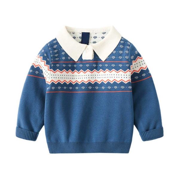 

autumn fall winter boys knit sweater outifts turn-down collar geometric knitted sweaters screw neck warm pullover clothes 1-6t y1024, Blue