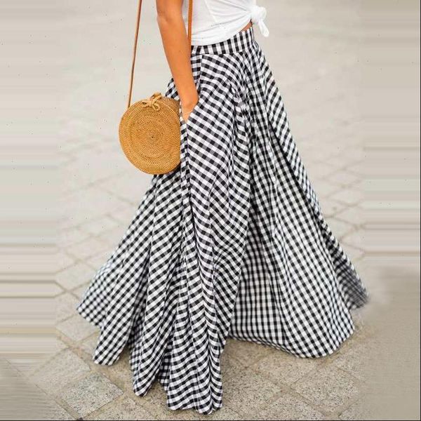 

women skirts summer retro plaid check long casual pockets faldas pleated skirt ladies bohemian jupe femme, Black