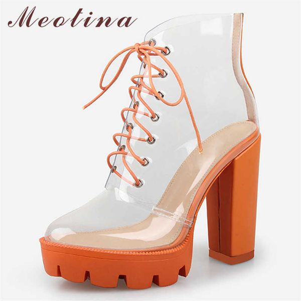 

meotina autumn ankle boots shoes women transparent platform chunky heels short boots lace up super high heel female shoes 36-41 210608, Black
