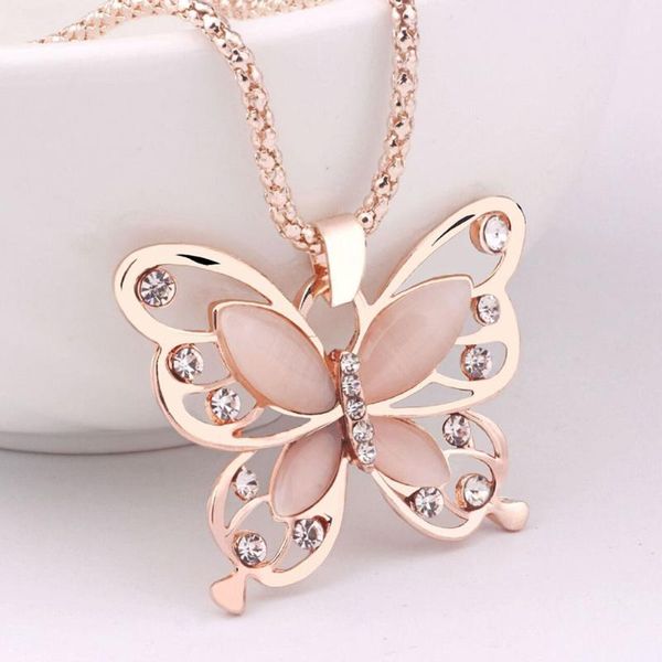 

party favor fashion womens lady pendant necklace rose gold opal butterfly sweater chain jewelry gift