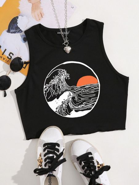 

wave & sun print tank 220o#, White