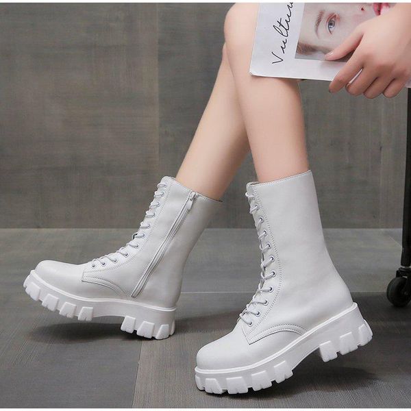 

boots mid calf women 2021 autumn platform heels ladies shoes british style round toe fashion pu female motorcycle, Black