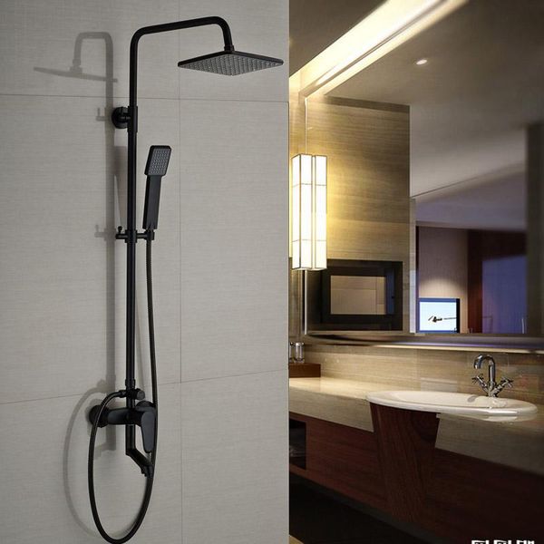 

oil rubbed bronze black shower set faucet single handle bathroom column 8" rainfall with hand sets