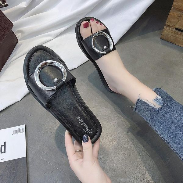

slippers 2021 fashion cool drag summer outside wearing social hong kong style with flat bottom female, Black