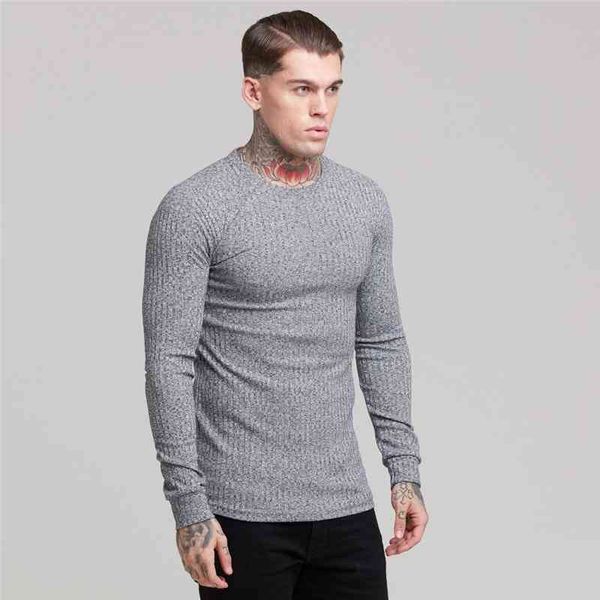 Muscleguys New Autumn Mens T Shirt Thin Jersey Suéteres Sólido Casual O Cuello Manga larga Prendas de punto Top Masculino M-2XL 210421