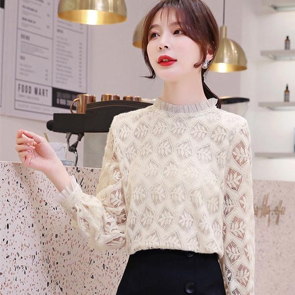 

women's blouses & shirts ailegogog lace blouse elegant formal embroidery long sleeve office lady flower hollow fashion female chemise c, White