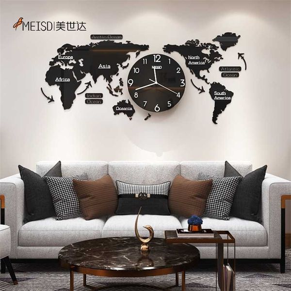 120 cm fai-da-te fai-da-te mappa del mondo in acrilico nero grande orologio da parete design moderno adesivi orologio silenzioso casa soggiorno cucina arredamento 211110