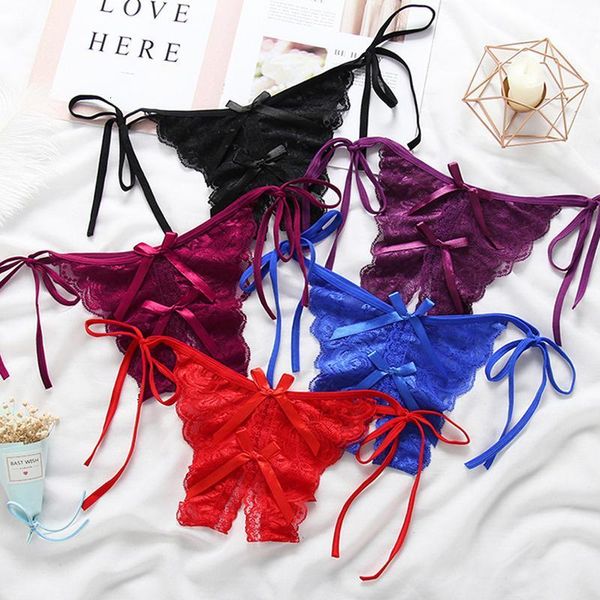 

women's panties erotic lace bow thong g-string t-back panty open crotch lady temptation pants women underwear products qt, Black;pink