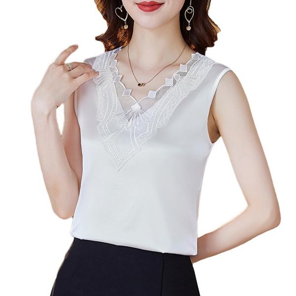 

women's tanks & camis fashion casual women v-neck sleeveless ladies loose lace solid color v neck female tshirt short sleeve home, White