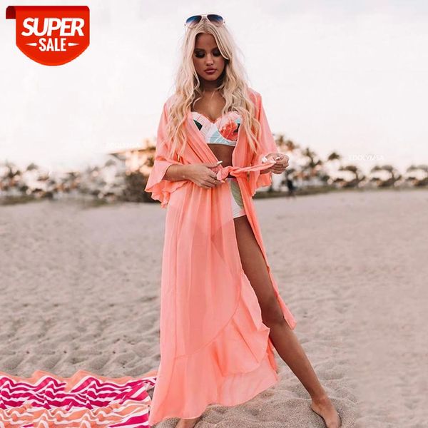 

2021 see through bikini cover-ups pink chiffon tunic long kimono women summer wrap dress beach wear swimsuit cover up q1256 #ia3l, Black;gray