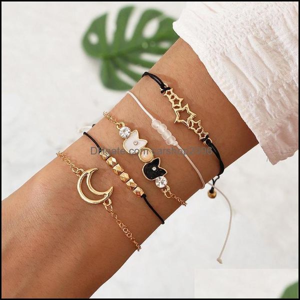 Link, Jewelrylink, Catena 5 pezzi/set Braccialetti moda donna Set Luna Gatto Con perline Stella Ciondolo Colore oro Bracciale da donna Boho Gioielli vintage1 D