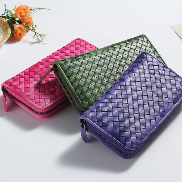 

sheepskin woven wallet women's wallet men's long zipper wallet leather handbag