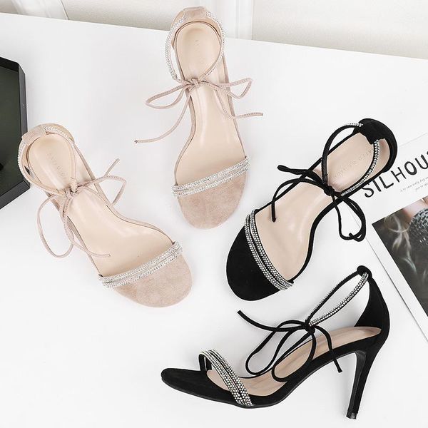 

summer women sandals female rhinestone crystal narrow bands ankle straps 8.5cm hight heel woman shoes, Black