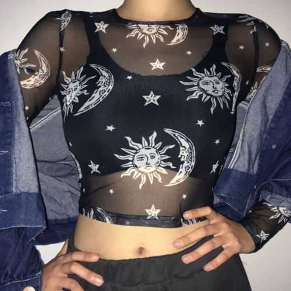 

women's t-shirt 2021 summer star and moon print mesh see-through short damen kleidung korte mouw tees, White