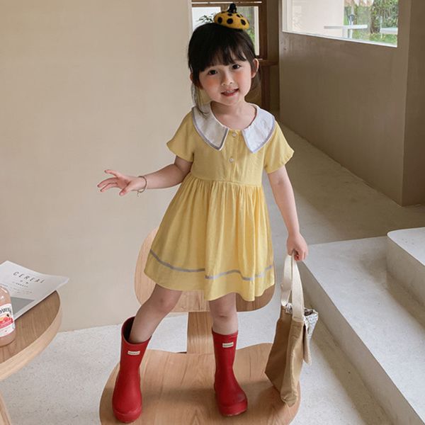 

summer baby girls short sleeve pure color dresses kids girl princess clothing fashion 210521, Red;yellow