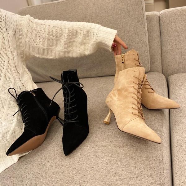 

pointed sheep heel and boots style women's shoes with, Black