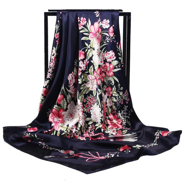 

scarves female 90x90cm square shawls and wraps floral print neck scarf for women silk satin scarfs ladies bandana head, Blue;gray