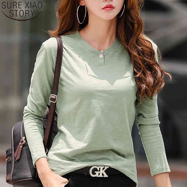 

cotton t-shirts long sleeve autumn loose v-neck korean 5 colors solid bottoming shirts women tshirt clothing 10802 210417, White