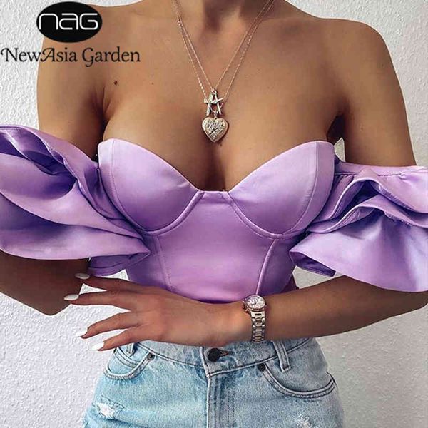 

newasia boned corset women solid color sweet ruffle sleeve blusas off shoulder satin crop summer bustier new 210413, White