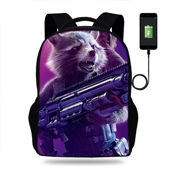 

backpack rocket raccoon dras the destroyer print teenager boys kids usb charger school bag students children mochila