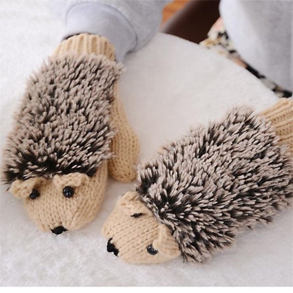 

five fingers gloves ljcuiyao women winter cartoon glove hedgehog wrist knit mittens warm thick female cute all-fingers heated, Blue;gray