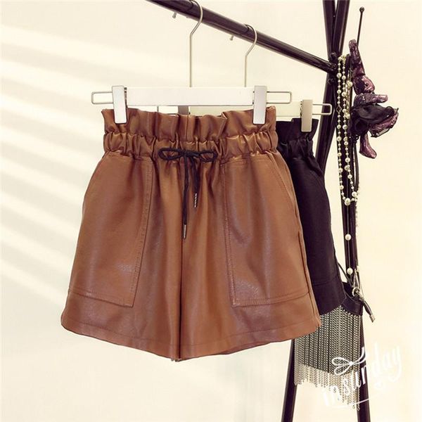 

women's shorts 2021 spring korean style female leather high waist loose wide leg short femme elastic belt, White;black