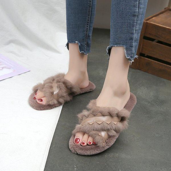 

winter women house slippers warm fur fashion shoes woman slip on flats ladies furry female slides indoor, Black