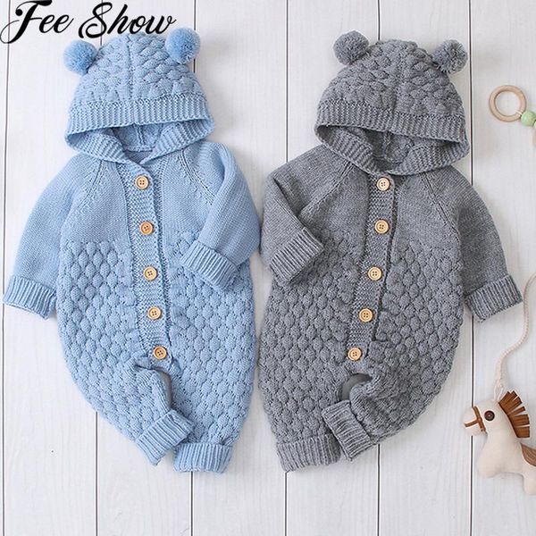 

3-18 month born baby cartoon knitted sweater romper autumn winter kids boys girls hooded bear ear jumpsuits jackets overall, Blue