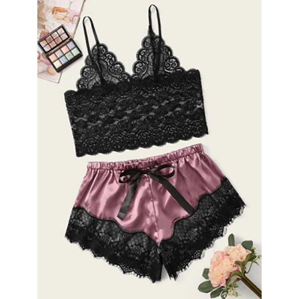 

bzel womens sleepwears pajamas satin silk lingerie sleepwear lace v neck cami and shorts night robes big, Black;red