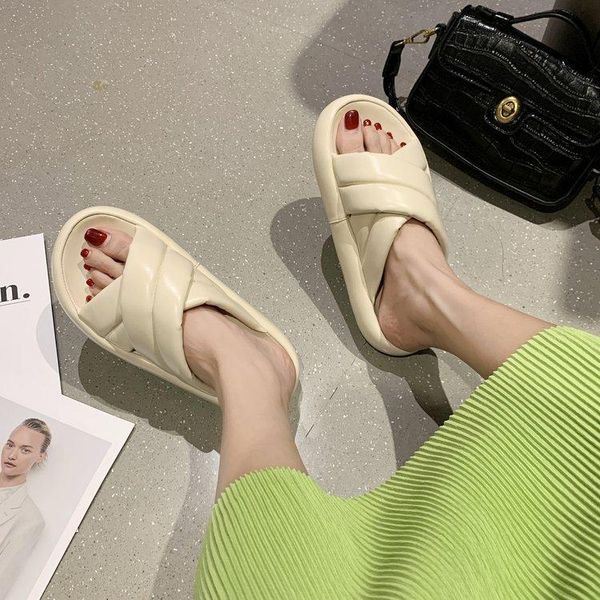 

slippers 2021 chunky heel platform outdoor women open toe elegant slides soft sole summer beach shoes sandals, Black
