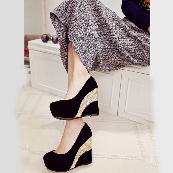 

dress shoes eagsity suede sequined women wedges platform round toe pumps slip on wedding party ladies, Black