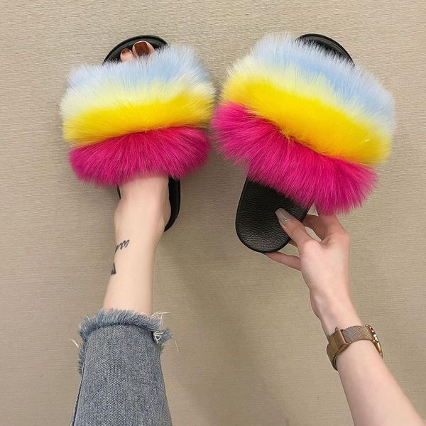 

faux fur slippers women furry slides indoor female fluffy for home woman shoes house with platforms 2021 arrival, Black