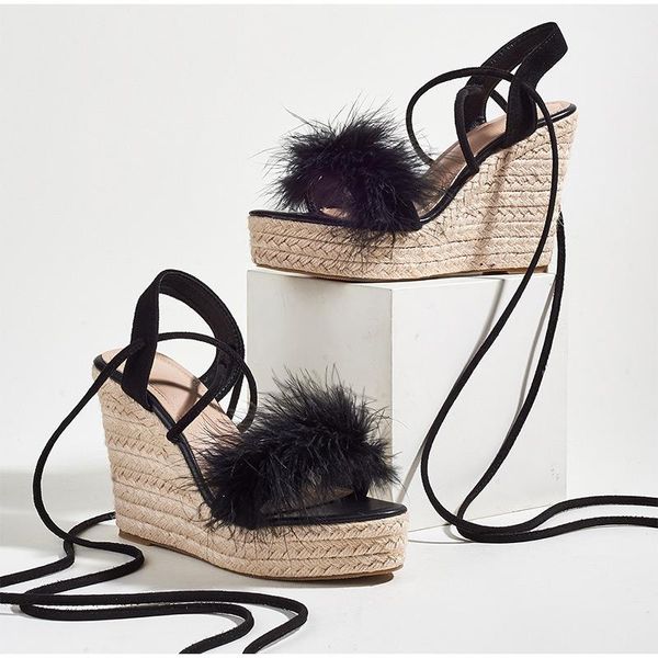 

sandals faux fur women's wedges high heels ladies pumps fashion ankle strap platform bandage summer female footwear 2021, Black