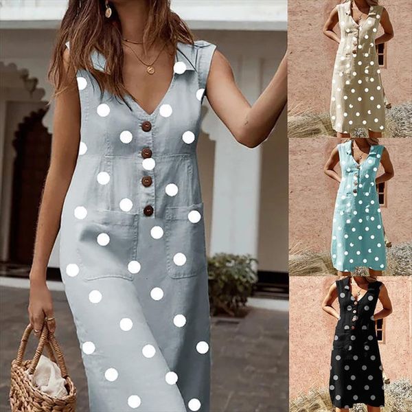 

plus size maxi long womens cami midi dress summer sleeveless polka dot street wear casual loose a line dresses vestidos, White