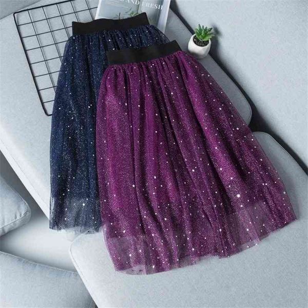 Teenage Kids Sequin Mesh Princess Tutu Saias para Dance Party Skirt Meninas Traje 6 8 10 12 Anos Outono de Verão 210331