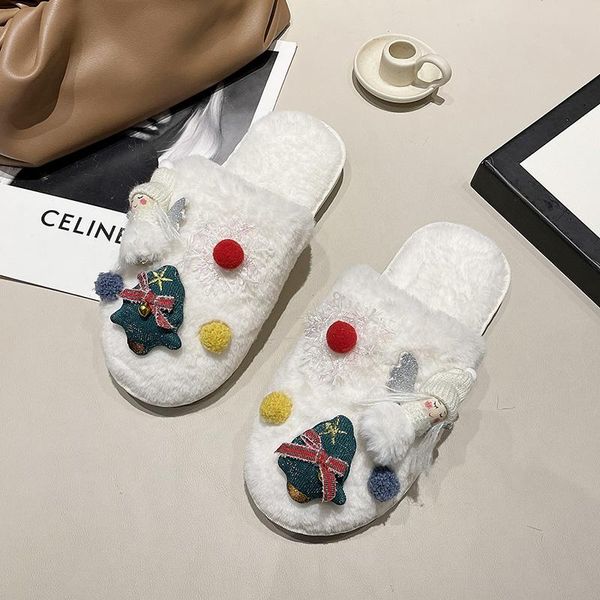 

slippers women's winter warm cozy soft plush non slip flat comfortable luxury indoor house shoes christmas decorative, Black