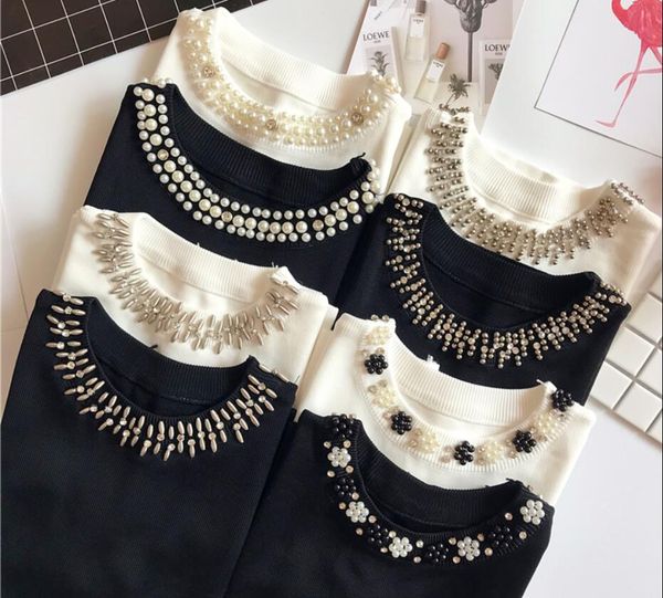 

new summer fashion women sleeveless thin sweater female all-match beading o-neck knitted vest girl camis tank, White;black