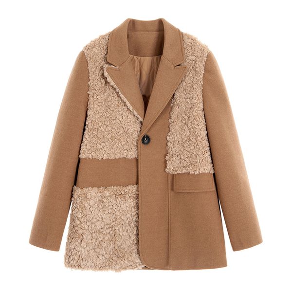 

khaki faux fur patchwork notch collar long sleeve pocket casual chic women blazer warm c0484 210514, White;black